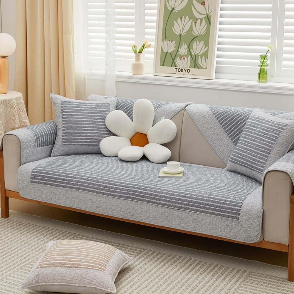 vctops Cotton Sofa Cover Farmhouse Striped Pattern Sectional Couch Cover Anti Slip Couch Cover Furniture Protector for Dog Pet Cat, 1 Piece/Not All Set (Grey,27"x59")