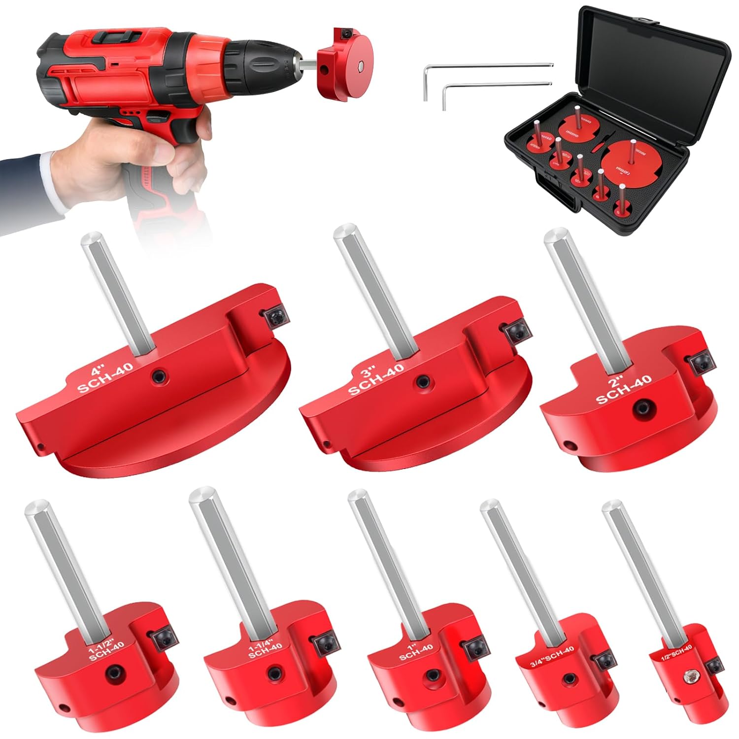 8-Piece Pipe Reamer Set with 2 Carbide Square Cutting Blades Sizes: 1/2“, 3/4”, 1“, 1-1/4”, 1-1/2“, 2”, 3“, 4” Aluminum Cutting Head For PVC, CPVC, or ABS Piping (Red) (PVC)