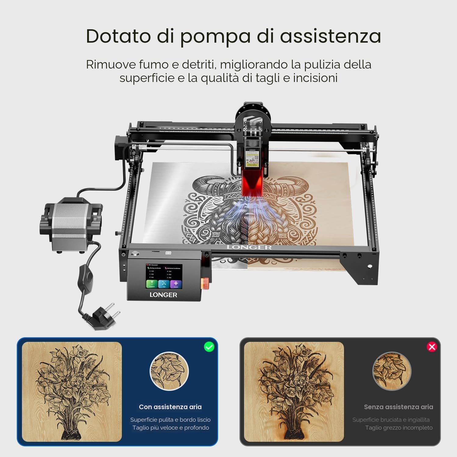 LONGER RAY5 Bundle Incisore Laser, 10W con Assistenza Aria e Kit Rotativo 3 in 1, Macchina CNC Desktop per Taglio e Incisione su Legno, Acrilico e Pelle, Fai da Te DIY, Area di Lavoro 400×400mm