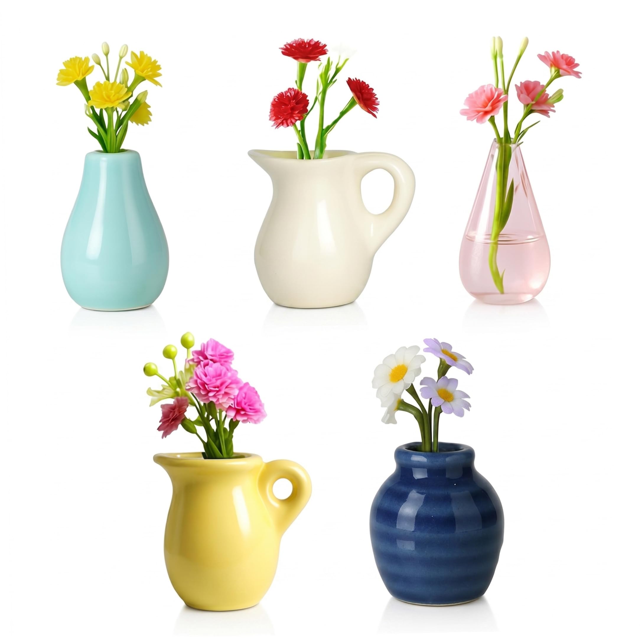 Awnsimfreien 5Pcs Mini Glass Flowers, 5-Pack Mini Magnetic Vases, Ceramic Flower Vase Magnets For Refrigerator & Metal Surfaces, Ideal For Small Plants & Single Blooms, Glass Flowers