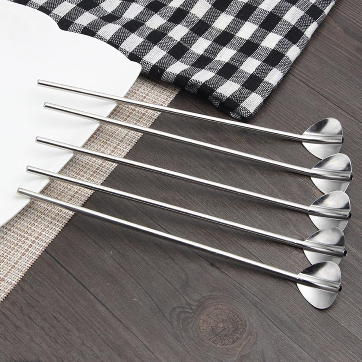 Garneck 4pcs Stainless Steel Dessert Straw Spoons Multipurpose Ice Stirring Spoons for Home Restaurant Bar Use