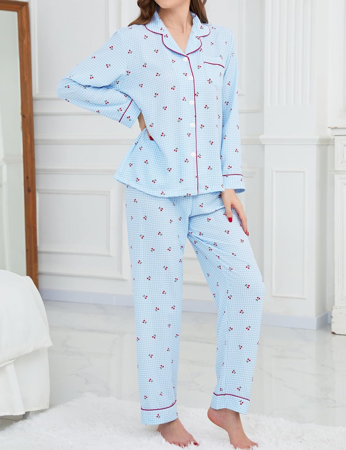 SWOMOG Pajamas for Women Sets 2 Piece Button Down Printed Pjs Long Sleeve Shirt and Pants Fall Sleepwear Cute Loungewear - Image 3