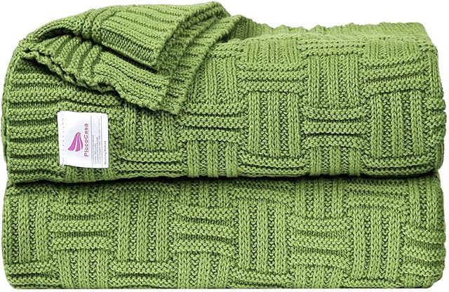 sourcing map 100% Cotton Cable Knit Throw Blanket,Soft Lightweight Lap Blanket,Textured Solid Sofa Throw Couch Cover Decors Knitted Blankets, Yellow-Green 47"x 70"