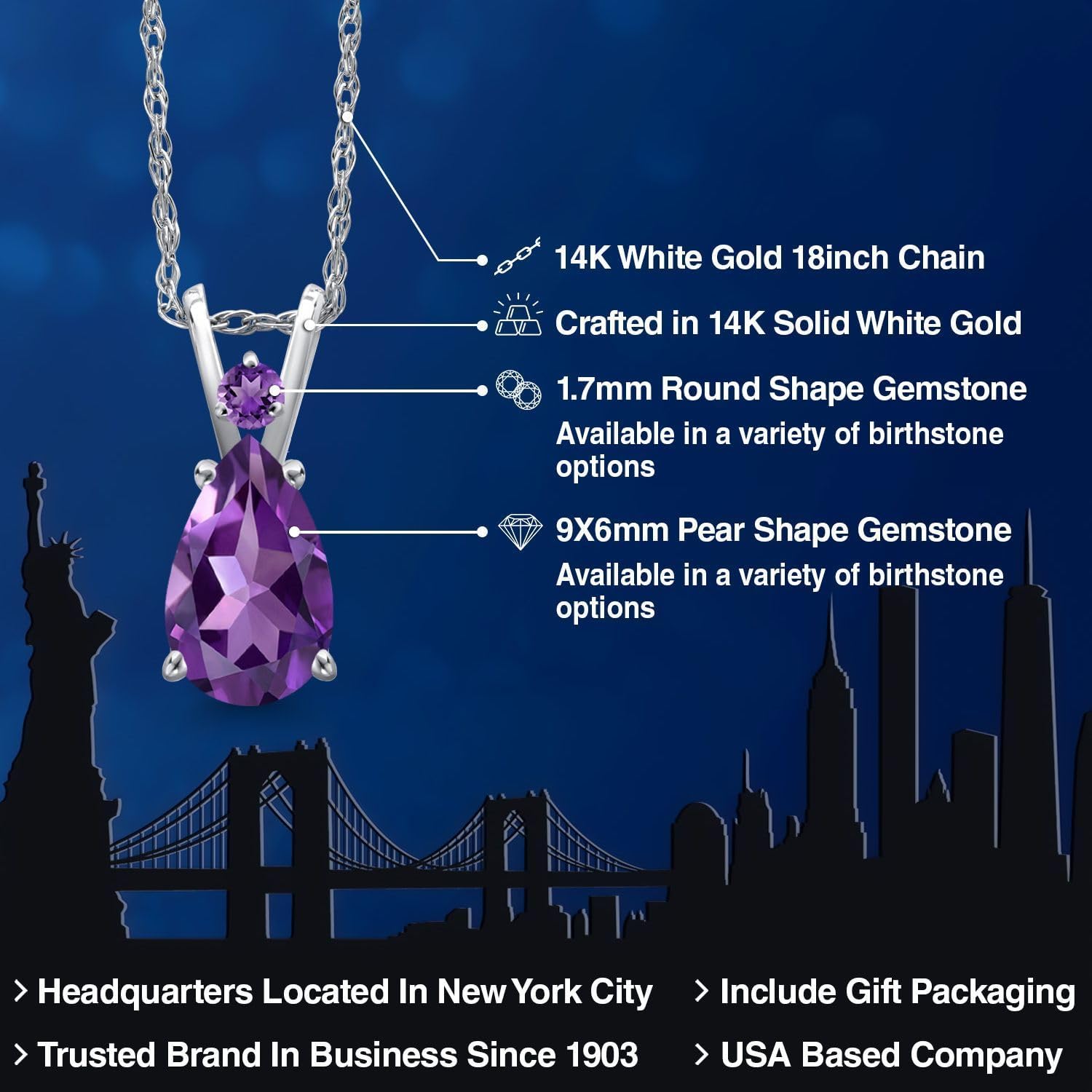 Gem Stone King 14K White Gold Purple Amethyst Pendant Necklace for Women | 1.11 Cttw | Gemstone February Birthstone | Pear Shape 9X6MM | With 18 Inch Chain - Image 2