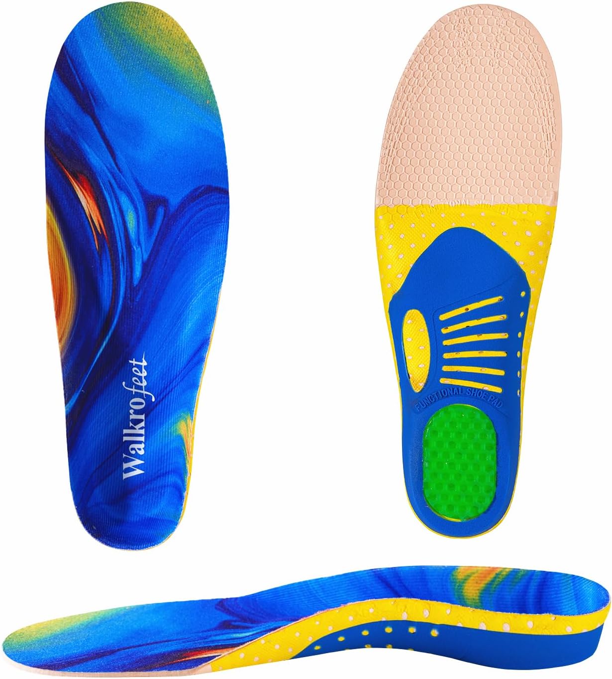 High Arch Support Orthotics Over-Pronation Metatarsal Pad Inserts Plantar Fasciitis Flat Feet Insoles Deep Heel Cup Relieve Foot's Pain with Gel Heel(Men3-6.5/Women5-8.5, Blue)