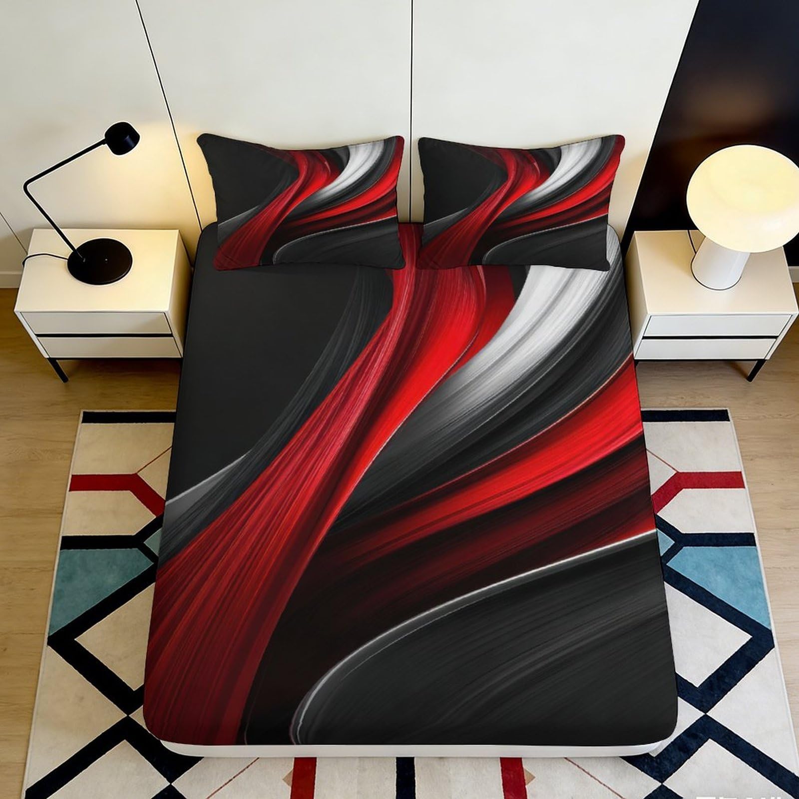 3D Printed Red Black Abstract Fitted Sheet Microfiber Soft Breathable Silver Brushstroke Mattress Cover for Bedroom Dorm Room Mattress Protection Decor 120x200x25cm