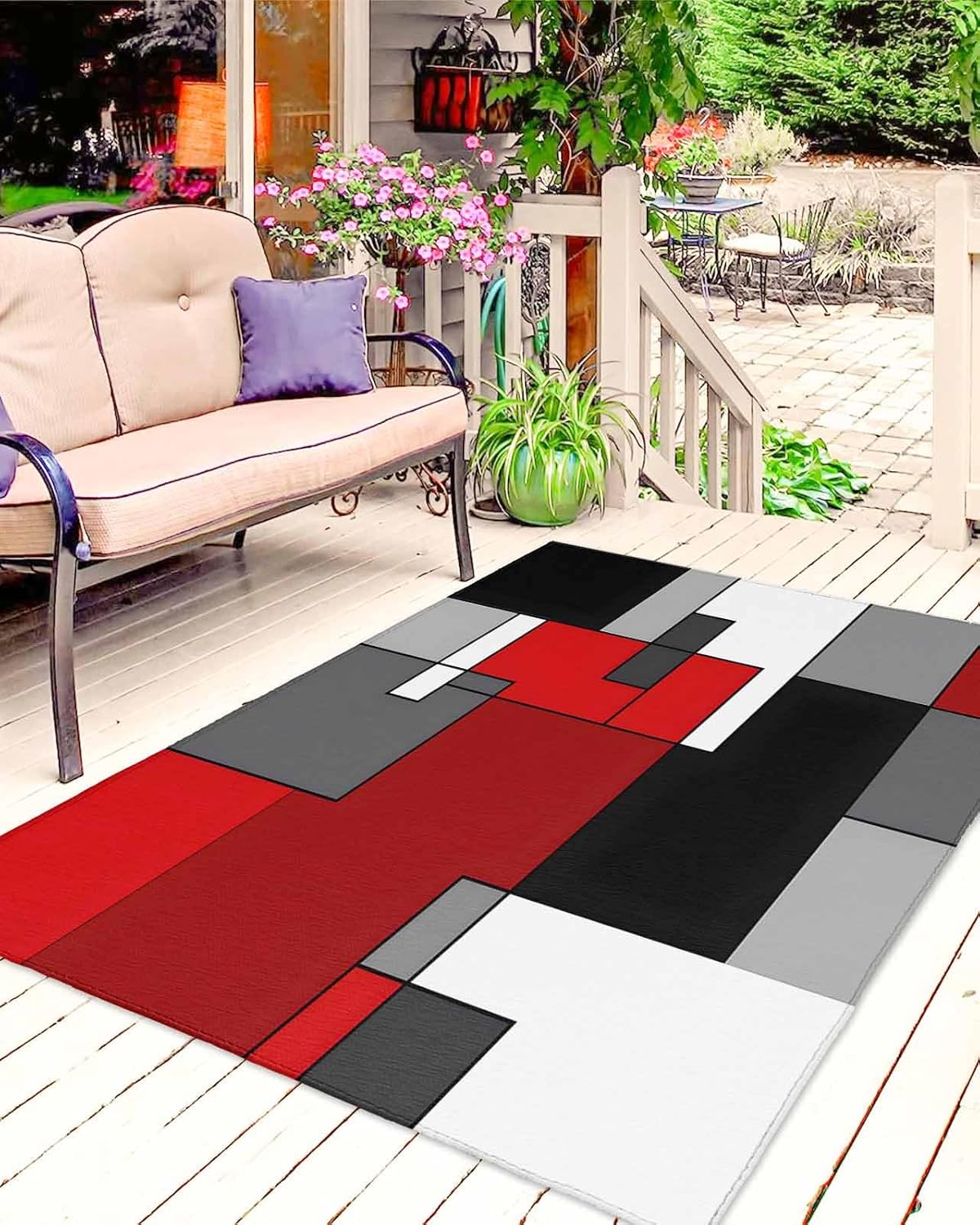 Outdoor Rug 4x6 ft Red Black Gray Outdoor Large Area Rug Non Slip Rubber Abstract Art Washable Front Door Mat RV Rug Camping Carpet Patio Outdoor Rugs for Backyard Balcony Deck Porch Indoor