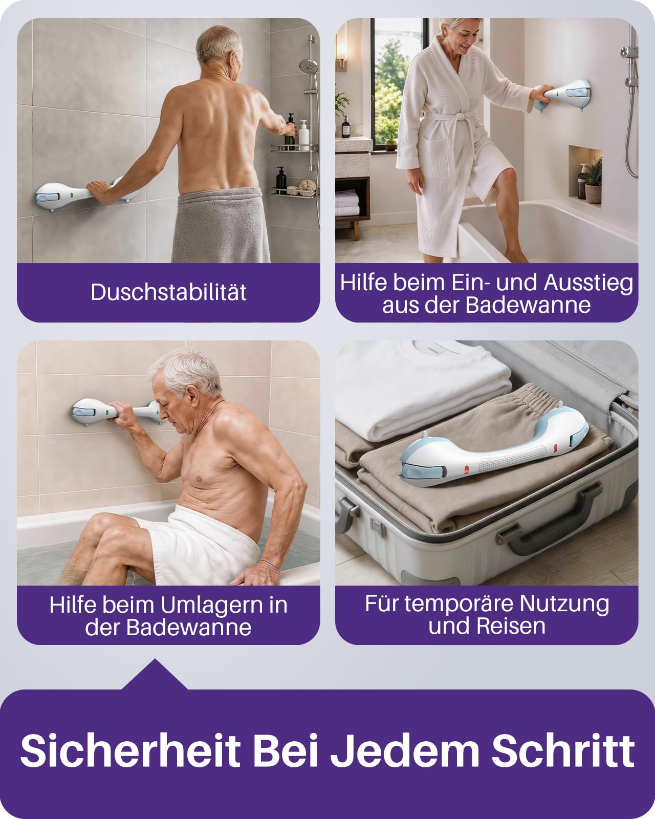 KEKOY Haltegriff mit Saugnapf & Indikator, Haltegriff Dusche ohne Bohren | 44 cm Haltegriffe für Senioren, Max Halt Duschgriff mit Saugnapf für Badezimmer & Badewannen, entfernbar, 2er Hellblau
