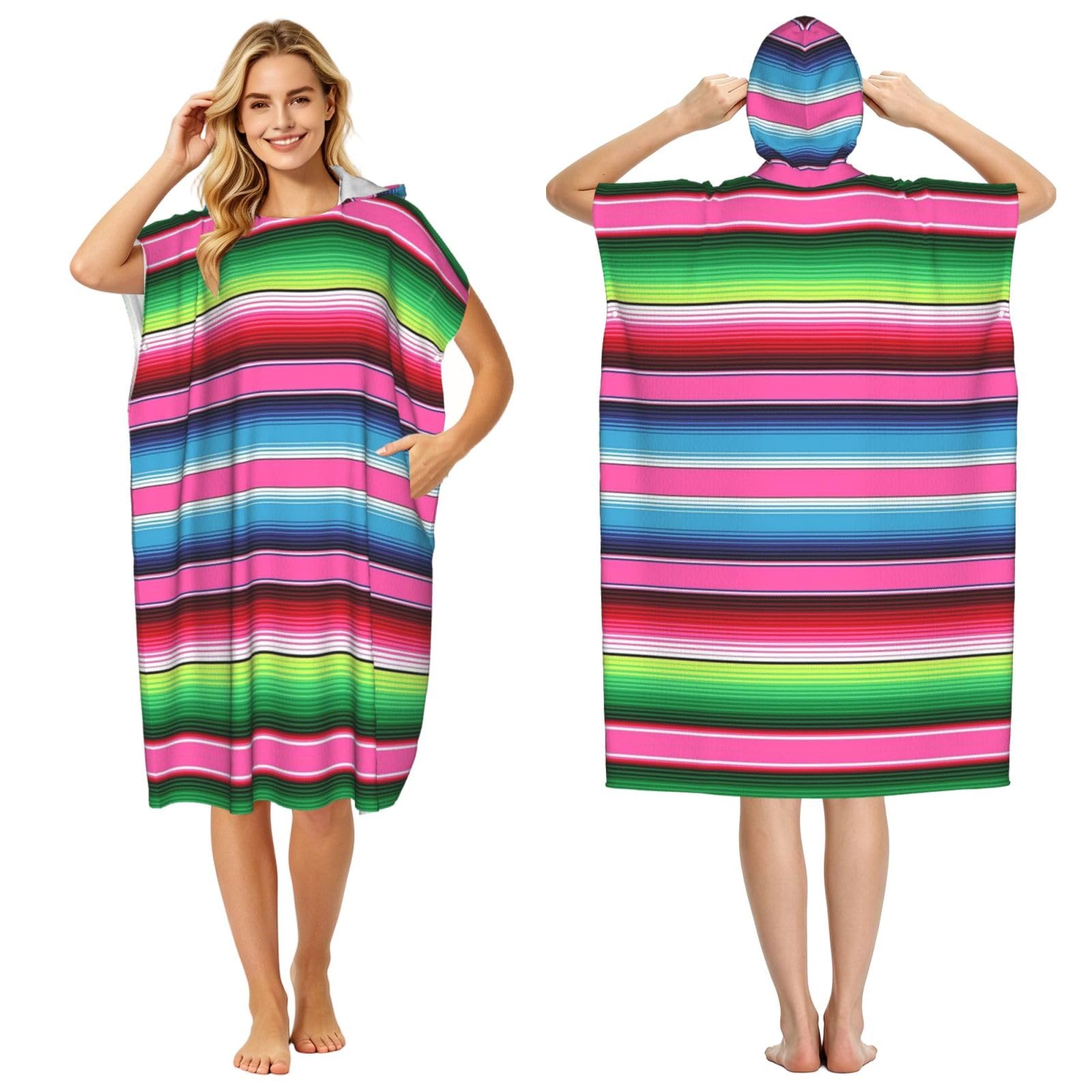 Poadnly Colorful Mexican Blanket Stripes, Adult Hooded Beach Towel 90 x 110 cm,Changing Bath Robe, Surf Poncho Towel For Women Men
