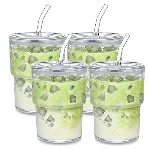 MINGHYZYA 13oz Iced Coffee Cup, Reusable Glass Tumbler with Straw and Lid, Thick Wall Glass Cups with Lids and Straws for Matcha, Smoothies, Drinking Glassware Water Cups (clear-4pack) - clear-4pack