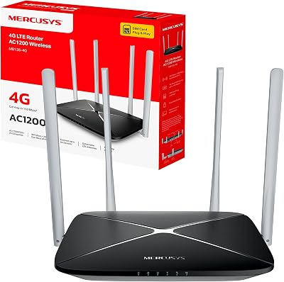 Mercusys MB135-4G Router WiFi con Sim, 4G LTE Cat4 AC1200Mbps, 4 Antenne Ad Alto Guadagno, 1 Porta LAN/WAN + 3 Porte LAN, OpenVPN, PPTP Server, WAN Backup, Parental/LED Control, SMS, APP, Plug & Play
