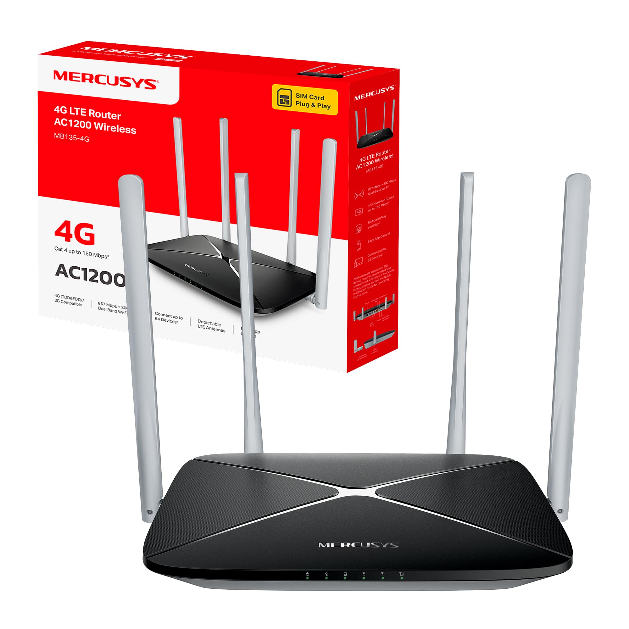 Mercusys MB135-4G Router WiFi con Sim, 4G LTE Cat4 AC1200Mbps, 4 Antenne Ad Alto Guadagno, 1 Porta LAN/WAN + 3 Porte LAN, OpenVPN, PPTP Server, WAN Backup, Parental/LED Control, SMS, APP, Plug & Play