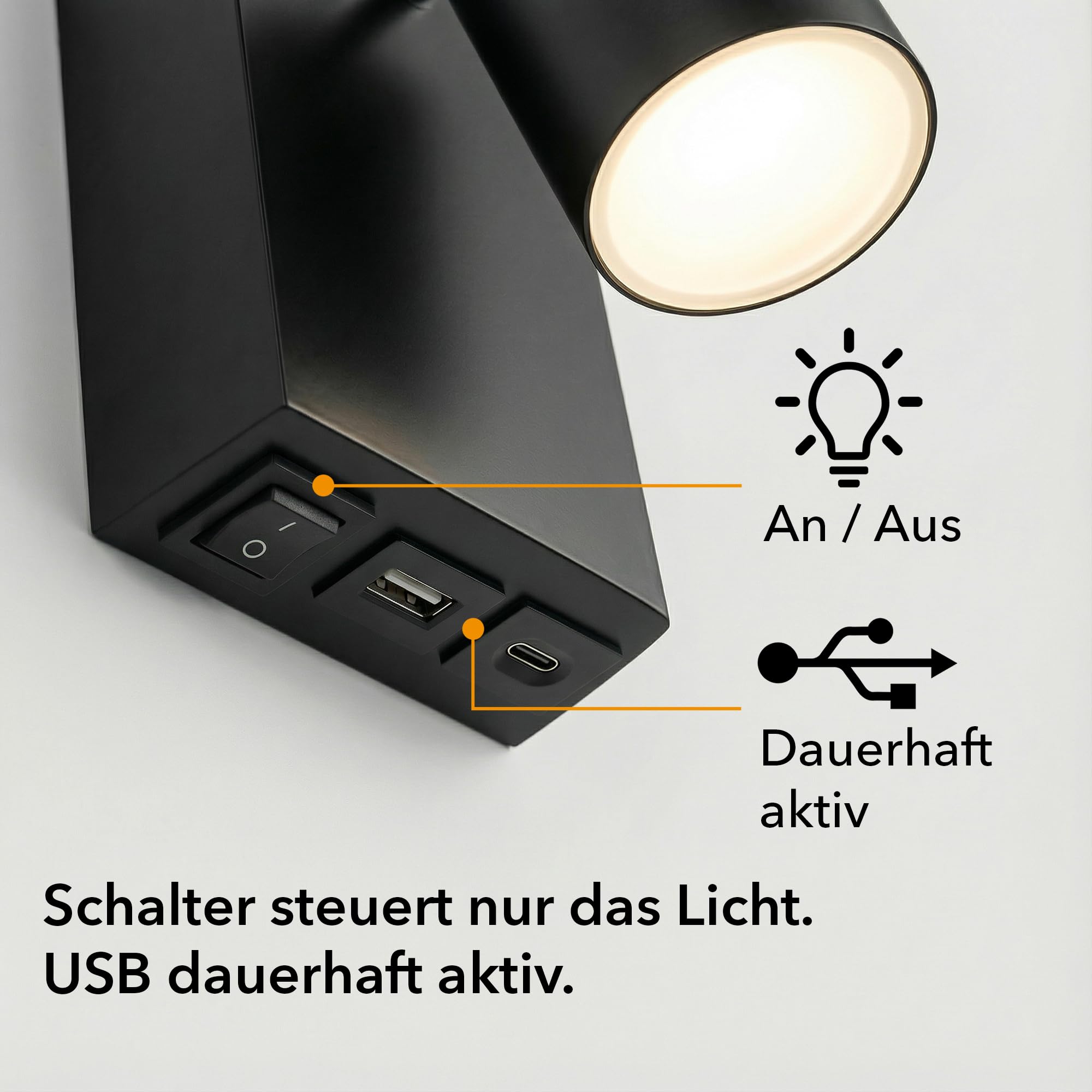 ledscom.de 2x Wandleuchte WAIKA, 1-flammig, schwarz, USB-C, USB-A, inkl. LED GU10 Lampe, 3-Stufen-Dimmer, 609lm, weiß