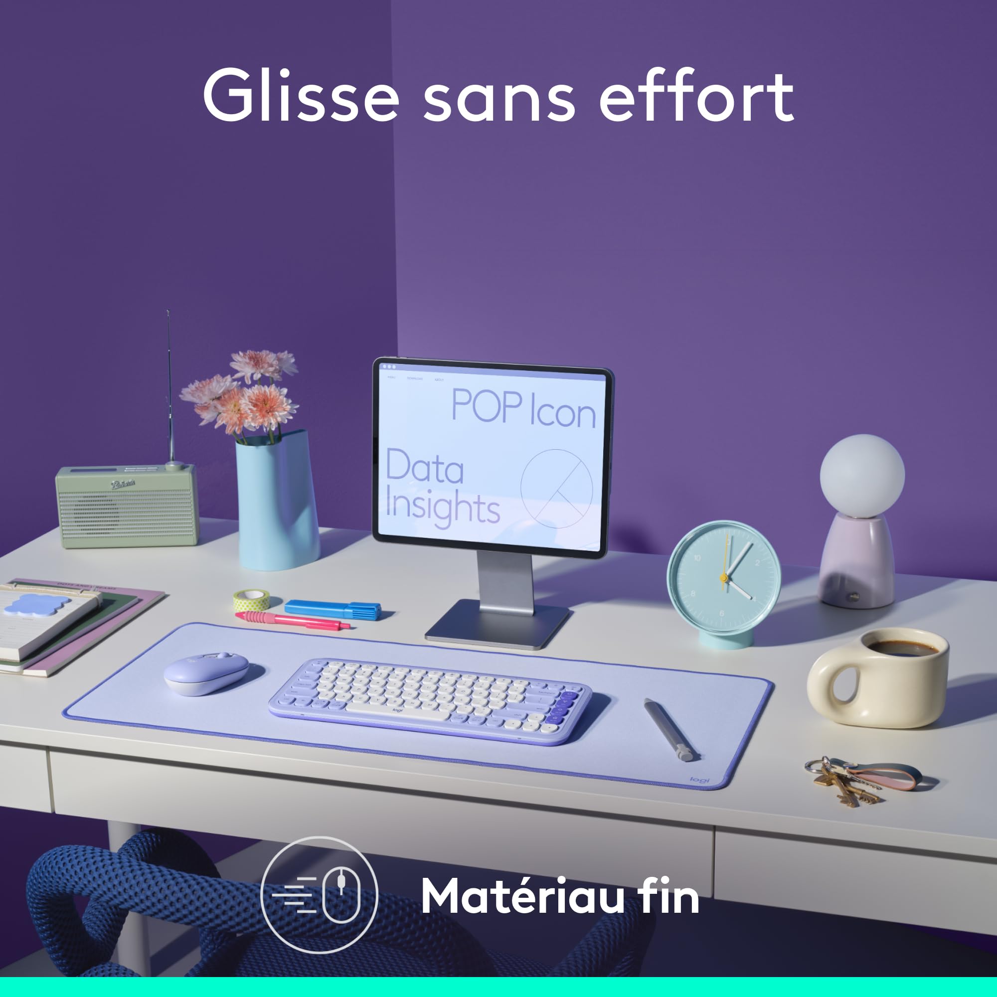 Logitech Tapis de Bureau Studio Large Multifonctionnel Anti-Dérapage Imperméable Lilas