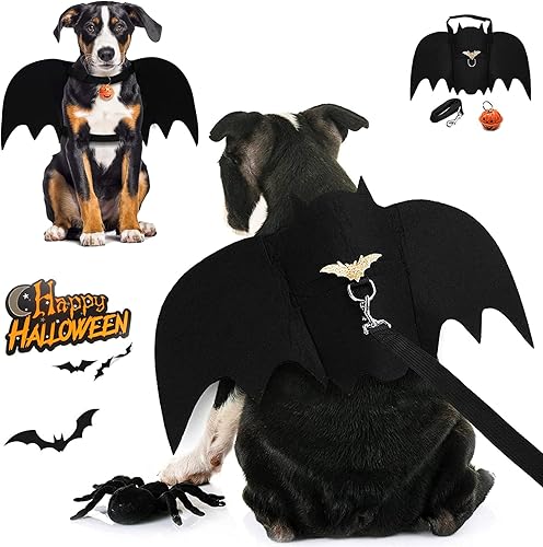 Miniatura 2 de Alas de murciélago para perro, disfraz de Halloween para perros medianos y grandes, ropa divertida para perros con correas y campanas de calabaza,