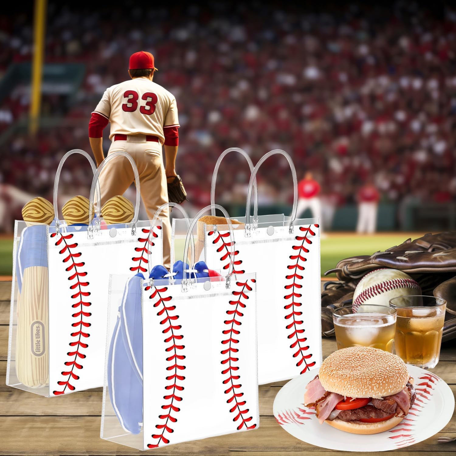 FULJOOY 24 Pcs Baseball Clear PVC Gift Party Bags with Handles Bulk Football Transparent Treat Goodie Tote Sport Clear PVC Snack Bag for Boys Birthday Party Favor Baby Shower Decorations Supplies - Image 5