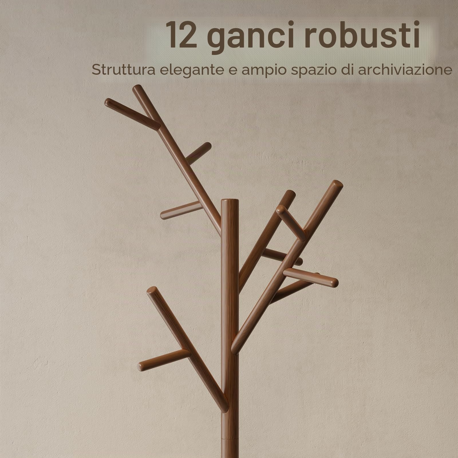 AQIMUELE Attaccapanni, Appendiabiti da Terra in Legno, 12 Ganci, 3 Altezze, per Cappotti, Cappelli e Borse, per Ingresso, Ganci e Palo in Legno di Gomma, Design ad Albero, Noce