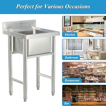 Single Bowl Stainless Steel Commercial Kitchen Sink 1 Compartment Free Standing Utility Sink with Faucet for Garage, Restaurant, Bar, Laundry Room, Indoor Outdoor