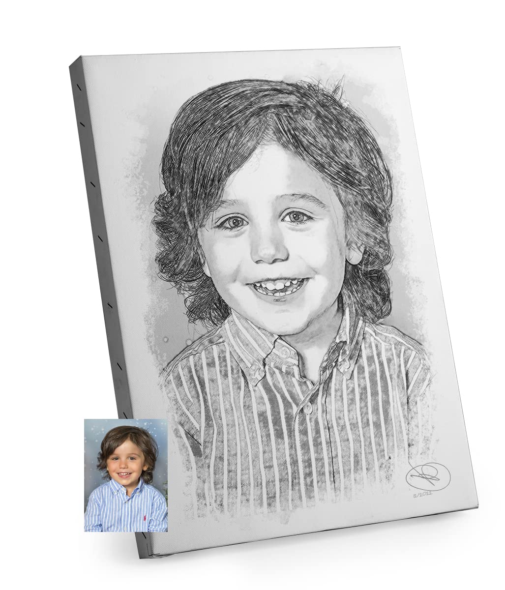 Genérico Lienzo con foto dibujo y texto Personalizado en 30x40 para pareja abuelos,bebe, mascota perro Foto dibujo artistico impreso en lienzo blanco y negro cuadro digital, retrato (30X40)