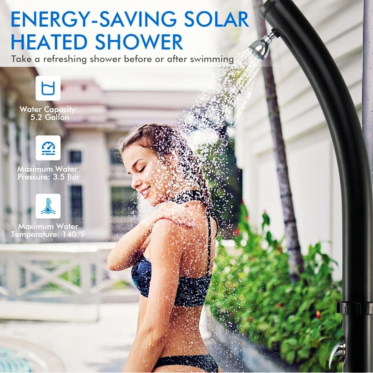 Kit de douche solaire d'extérieur avec pommeau de douche à effet pluie rotatif à 180° et robinet pour lavage des pieds
