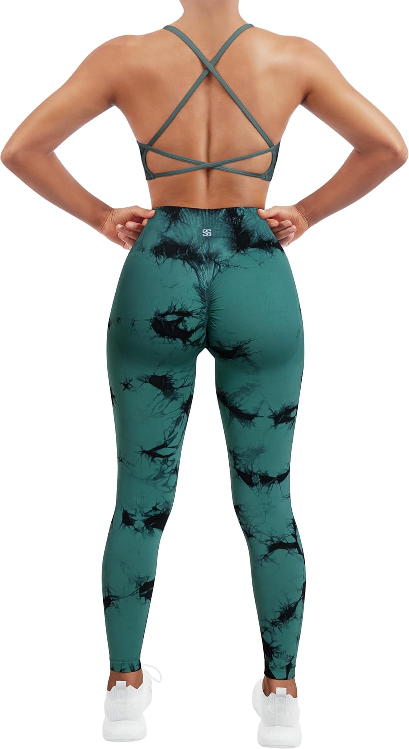 SUUKSESS Women Seamless Workout Sets Strappy Sports Bra High Waist Booty Leggings Outfits