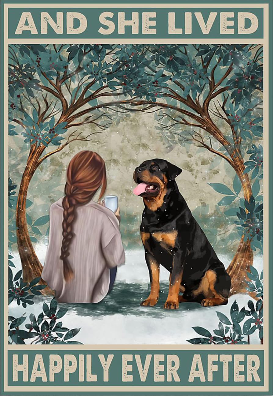 kisoyo Vintage Metal Tin Sign Girl And Rottweiler Dog And She Live Happily Ever After Novelty Sign Plaques Wall Decor Home Bedroom Cafe Bar Bathroom Funny Sign Gifts 8x12Inch
