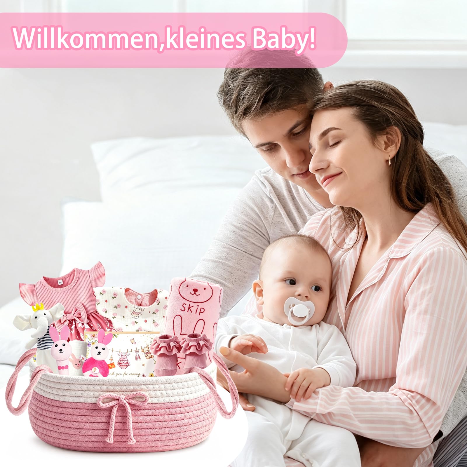 Regalo per neonata, 10 pezzi, regalo per neonati | Regalo per nascita con coperta, vestito, bavaglino, sonaglio, guanto da bagno, calze, cesto regalo (rosa)