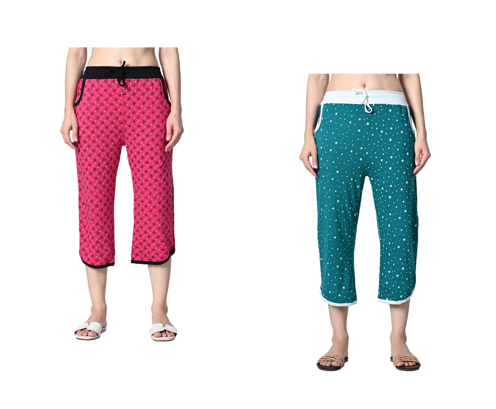 kayu Pack of 2 Women’s Cotton Printed Nightwear Capri with Both Side Pockets, Elastic Waist & Drawstring Nada, Soft Comfortable Sleepwear Capri Multicolor-picture-25