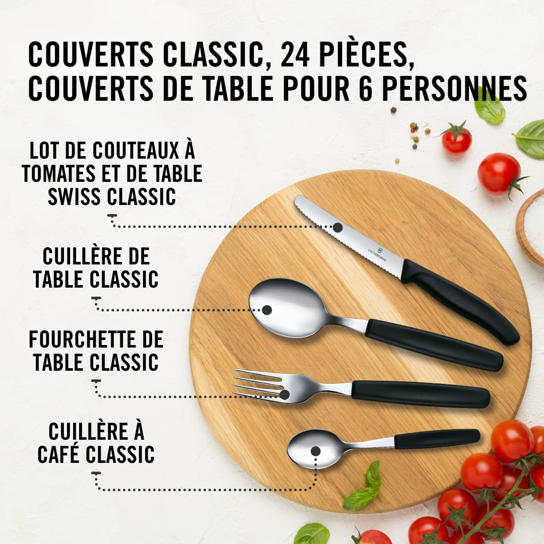 Victorinox Classic, Couverts de table professionnels, 24 pièces, Lame extra-tranchante, Taille crantée, 11 cm, Acier inoxydable, noir