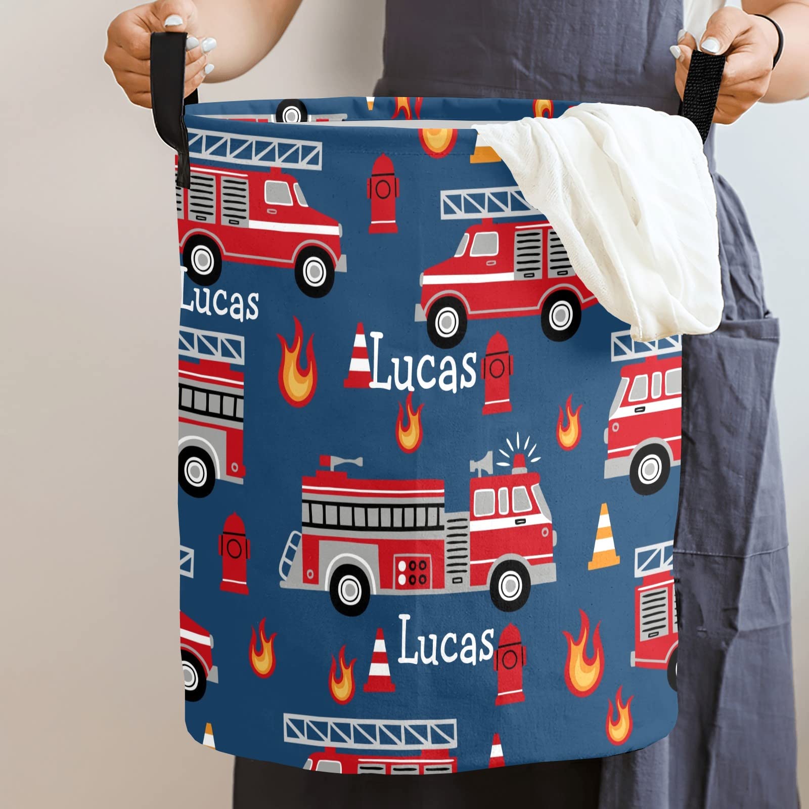 Personalized Laundry Basket,Fire Truck Custom Storage Bins Laundry Hamper with Name Collapsible Toys Organizer Gift