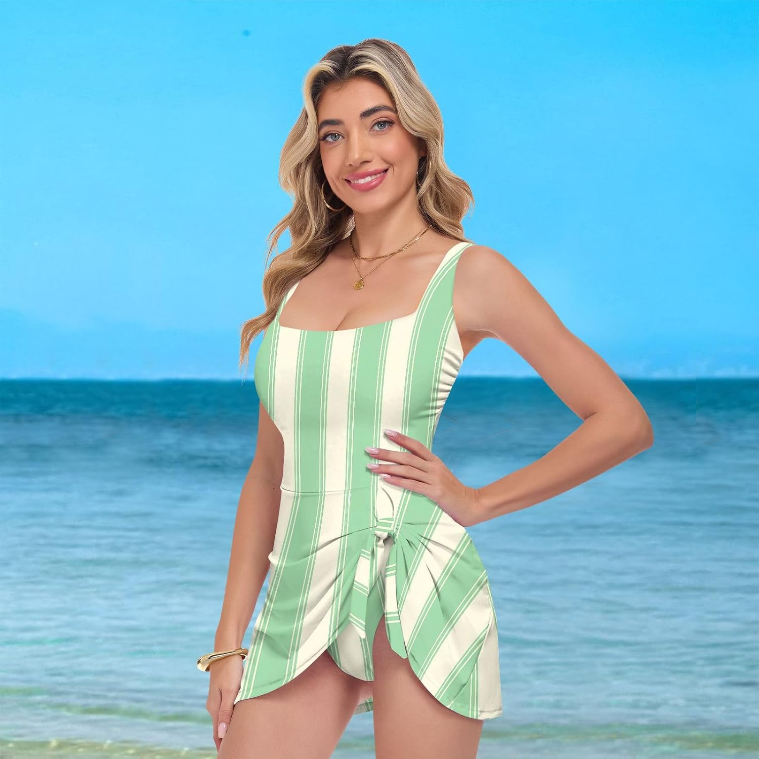Green Yellow Stripe Women's One Piece Swimsuits Tummy Control Bathing Suits S A2300904