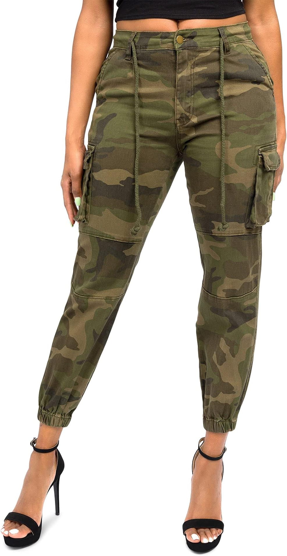 American BaziWomen's High Waist Cropped Colored Cargo Jogger Pants RJJ3645 - Olive Camo - Small