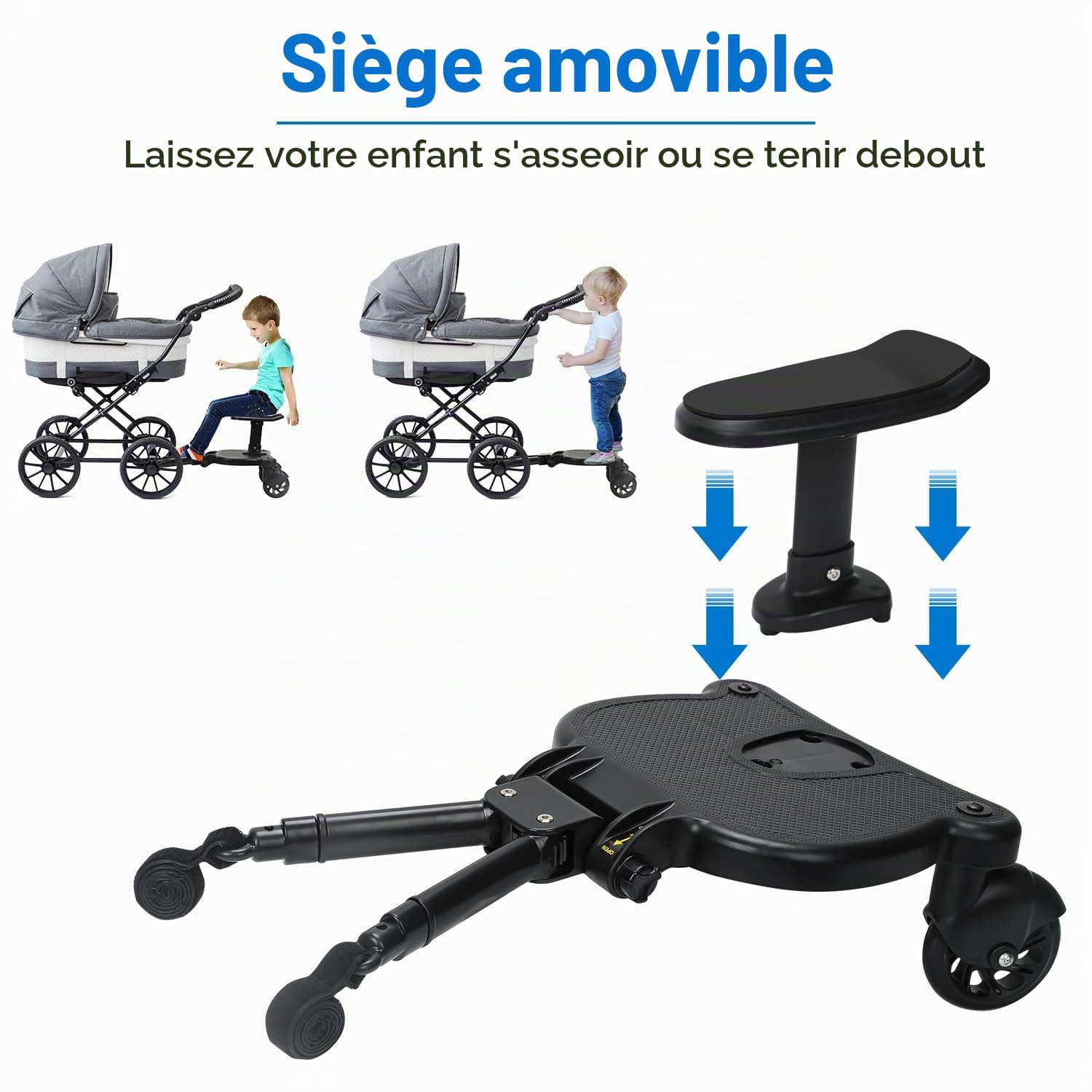 Planche de poussette avec siège, Kiddy Board pour poussette, marchepied universel avec siège amovible, double roue à 360 degrés, réglable, jusqu'à 25 kg, noir