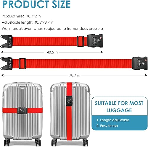 Miniatura 8 de Travel Inspira - Correa para equipaje con candado de combinación conforme a la TSA, ajustable, fácil de usar, protege tu equipaje - Rojo