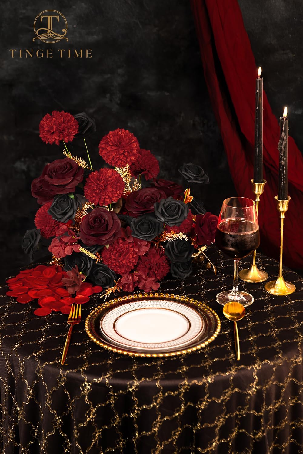 TINGE TIME Rose Artificial Flowers Combo, Gradient Color Faux Foam Roses with Stems for DIY Wedding Bridal Shower Party Table Centerpieces Fake Floral Arrangement Home Decor (Gothic Black & Red) - Image 2