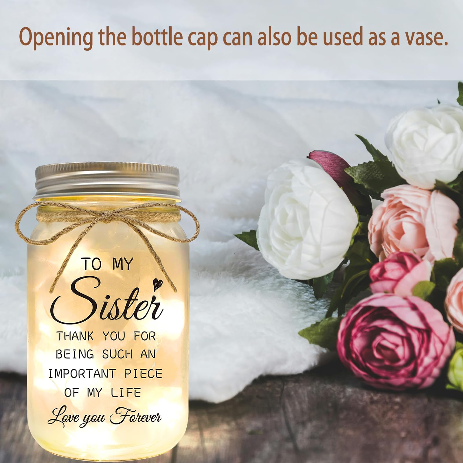 Sister Gifts - Mason Jar Night Lights with Warm Lights for Sisters, Unique Sister Birthday Gifts Ideas for Mothers Day Christmas Valentines Day, Heartfelt Home Decor Gift