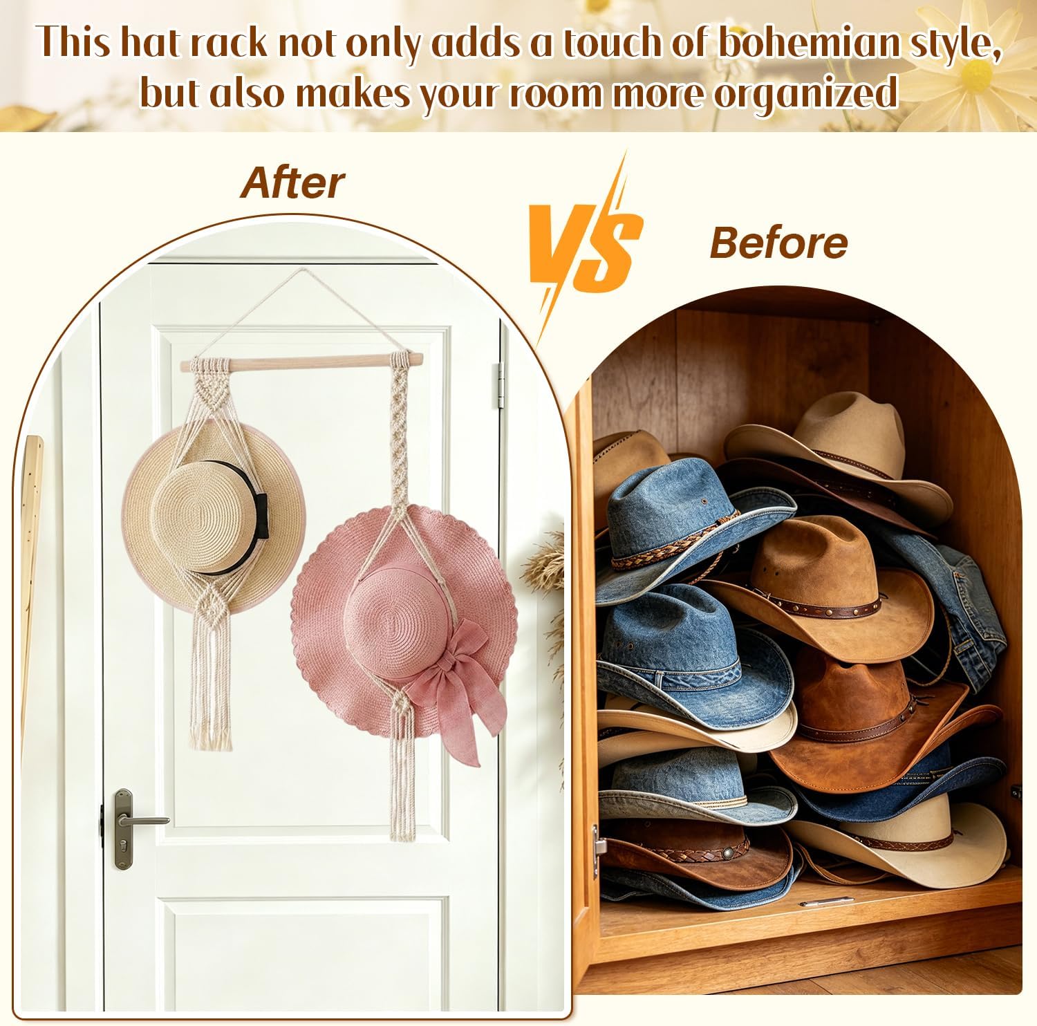 Tissting Macrame Hat Hangers, Boho Hat Rack for Wall, Hat Holder Display Organizer, Wide Brim Sun Straw Hat Cowboy Hat Display, Bobo Hanging Hat Organizer Storage for Wide Brim Hats (2 Hats Styles)