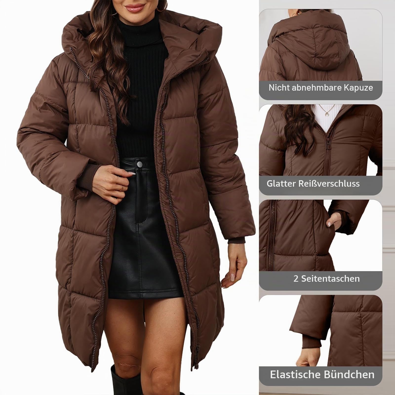 Angxiwan Winterjacke Damen Lang Warm Wintermantel Leicht Daunenjacke Winter Puffer Jacke Outdoor Steppmantel Reißverschluss Daunenmantel mit Kapuze übergang Mantel Parka