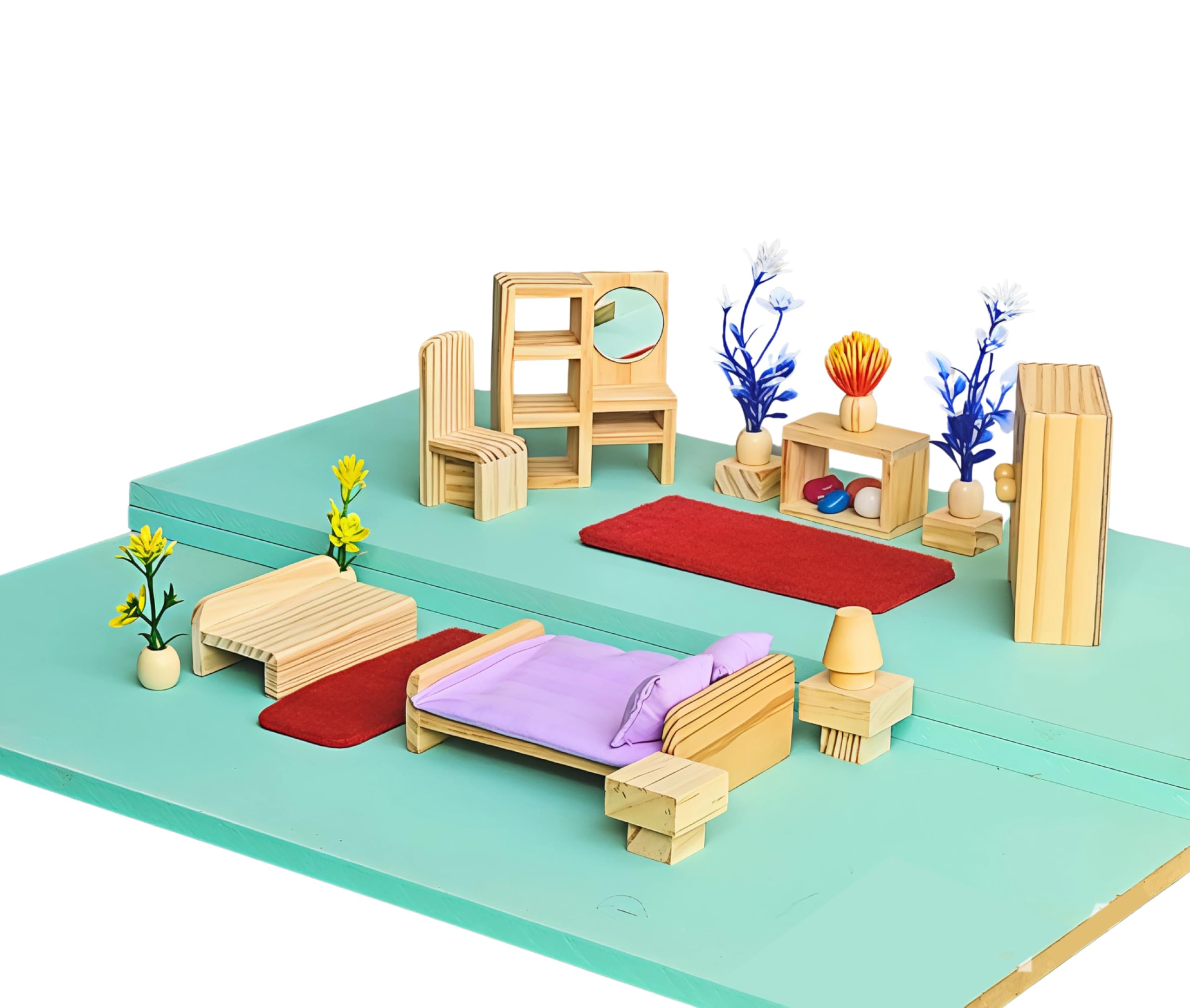 TinyMinyWorld Dollhouse Accessories Doll House Furniture Set (Wooden): Drawing Room - Kitchen - Bedroom - Toilet for Your Dream Doll House Best Birthday Gift (Bed Room Grand) - Image 2 thumbnail