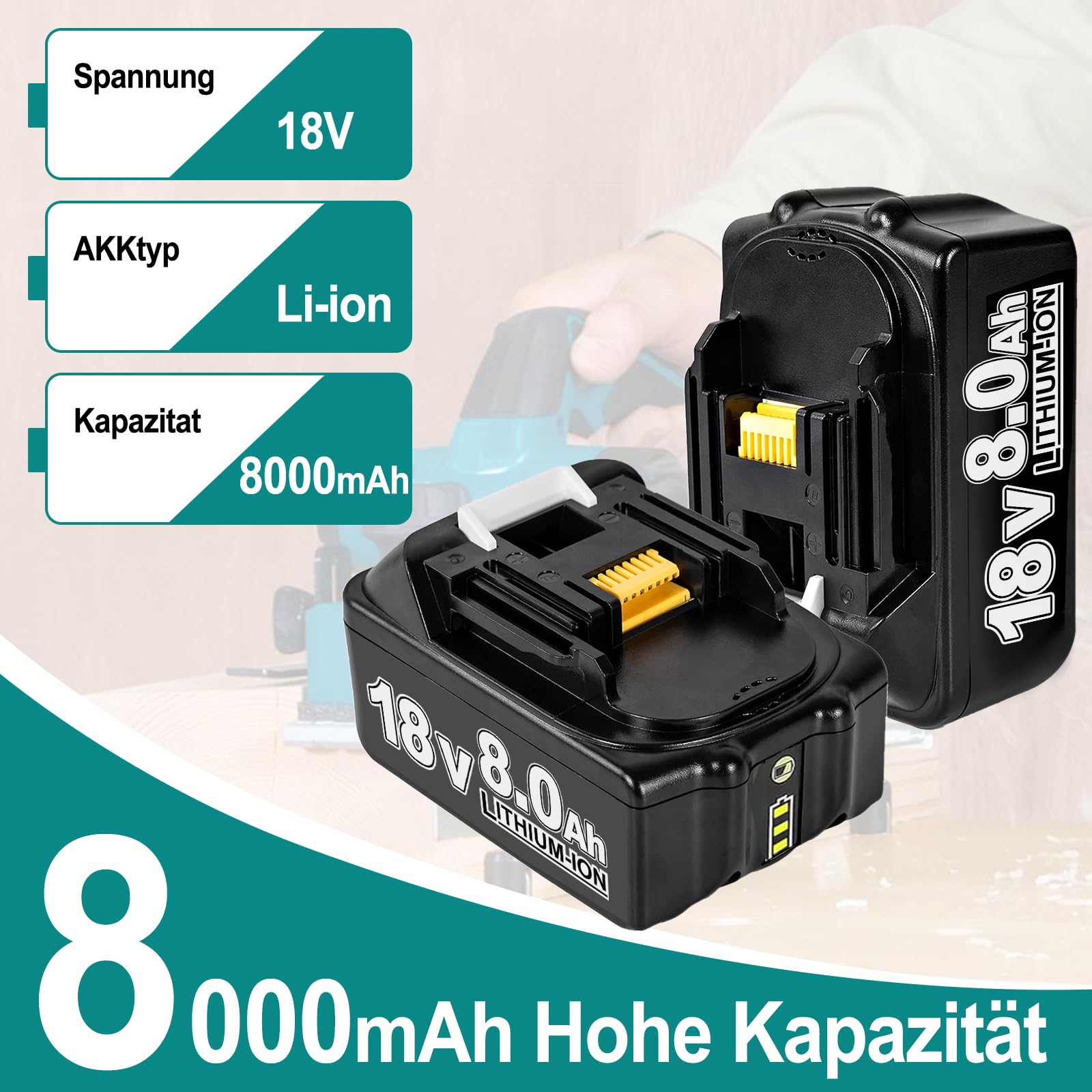 2x 8.0Ah Ersatzakku + Ladegerät Für Makita BL1860B – 18V, 8000mAh, Mit LED-Anzeige & Schutzfunktionen