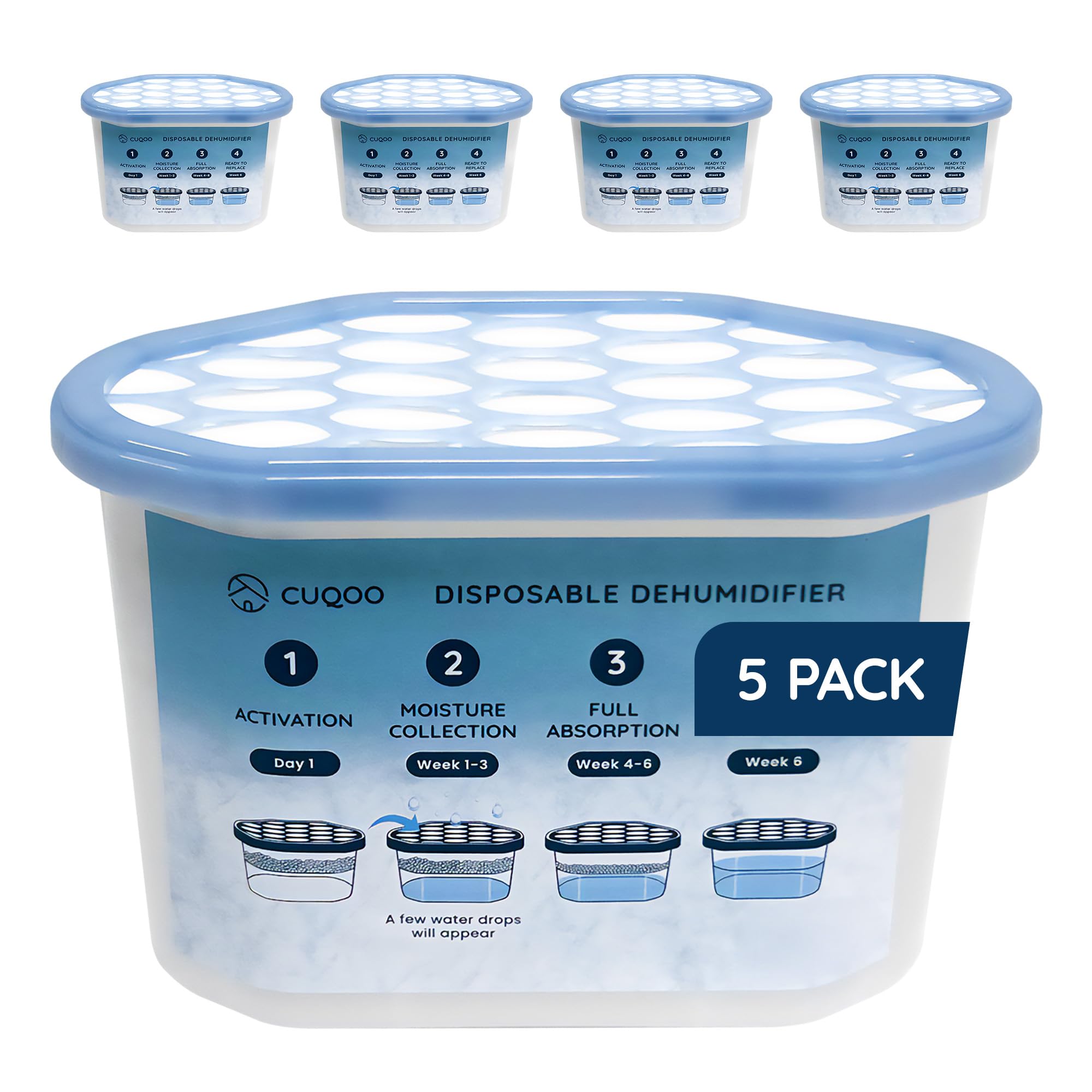 CUQOO Disposable Dehumidifier for Home 500ml, Pack of 5 Moisture Absorber Dehumidifiers for Damp, Mould, Kitchen, Wardrobe, Bedroom, Caravan, Office, Garage, Bathroom - Mini Condensation Absorbers