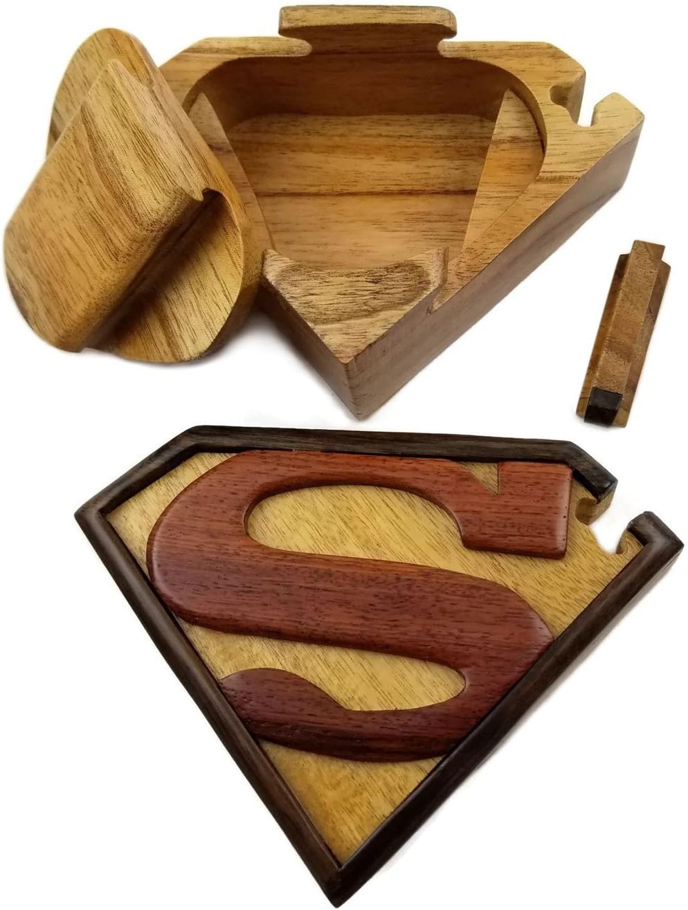 Black Friday - 60% OFF Superman All Natural Exotic Woods Puzzle Box, 5.5 x 4 x 2.5 with Sliding Wooden Key Lock, Sliding Cover and Inner Lid to Hidden Compartment. Hand-made Wood Onlay Design on Lid.