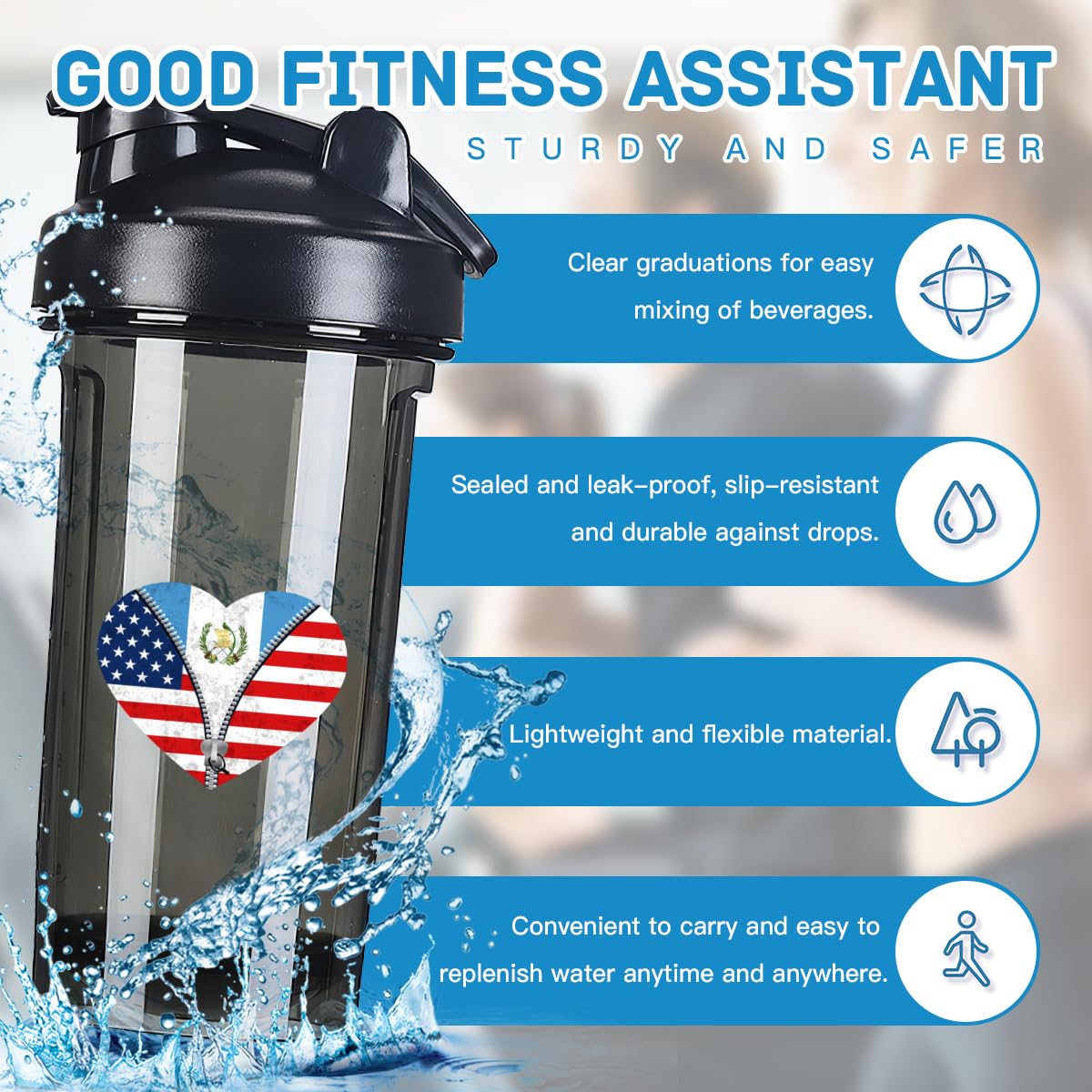 Heart America Flag and Guatemala Flag 18 Ounce Shaker Cup,Fashion Theme Pattern Shaker Bottle Leak-proof Workout Shake Bottles 500ML/18 oz Perfect for Pre Workout