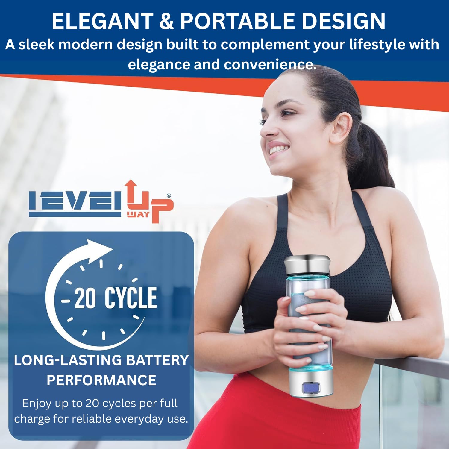 LevelUpWay - Botella de agua con generador de hidrógeno de vidrio, tecnología SPE PEM, ionizador de agua