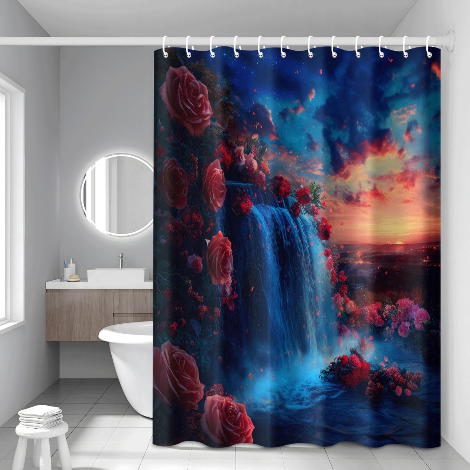 Tenda Doccia Cascata Blu Scuro Tenda Doccia Antimuffa Impermeabile Poliestere Lavabile con 12 Ganci Facile da Installare Tende Finestra Bagno per Dormitorio Hotel(180x220cm)