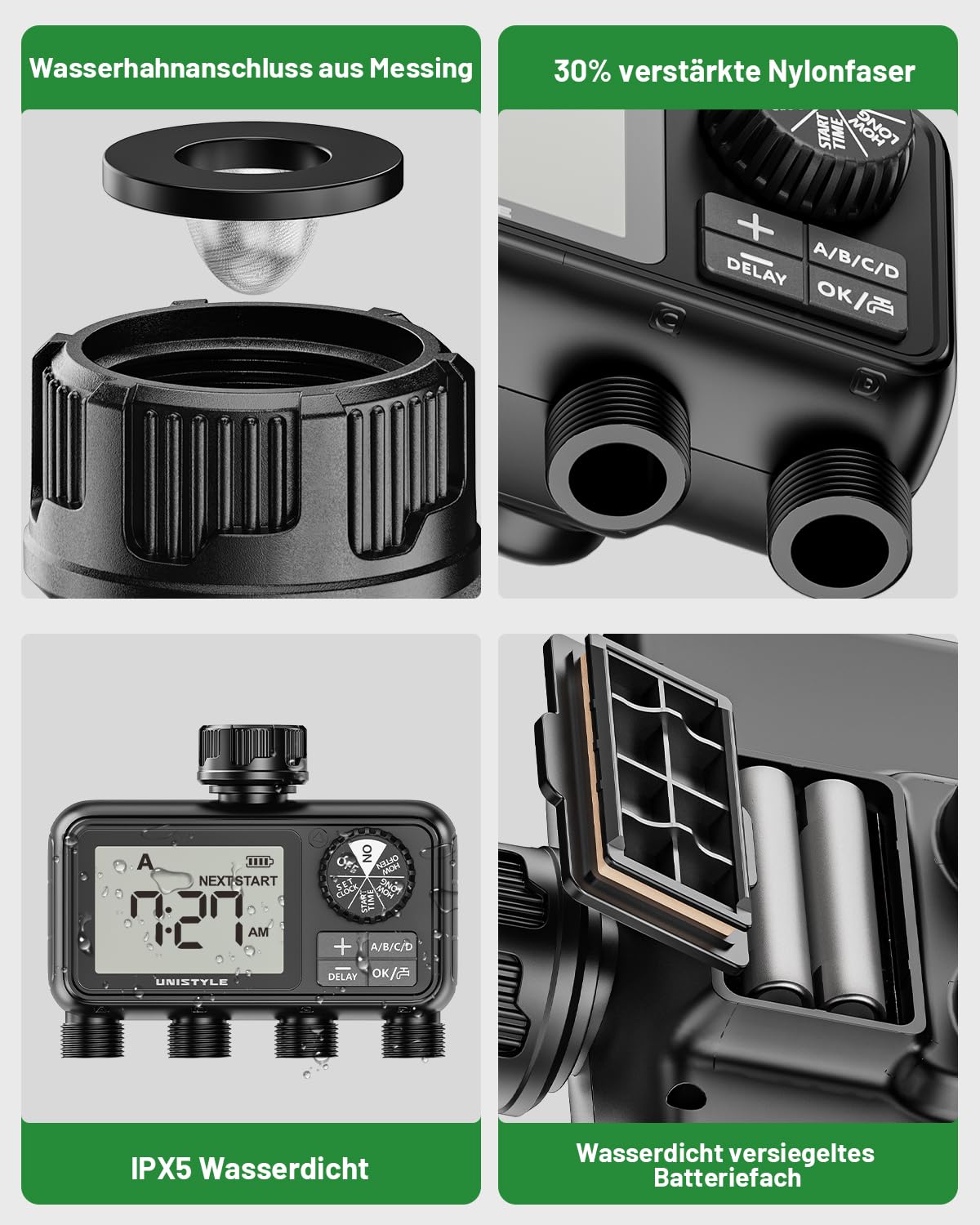 Unistyle Bewässerungscomputer 4 Ausgänge, Automatische Bewässerungsuhr, Rasensprenger Bewässerungssteuerung, Bewässerungssystem für Gartenbewässerung, Wasser Zeitschaltuhr Bewässerung Garten