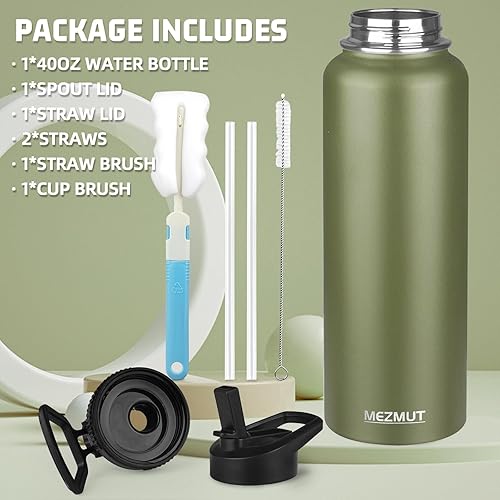 Miniatura 2 de MEZMUT Botella de agua aislada con popote y 2 tapas, botellas de agua de acero inoxidable de 40 onzas, botella de agua deportiva de metal de doble