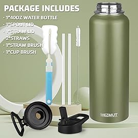 MEZMUT Insulated Water Bottle with Straw&2 Lids 40oz Stainless Steel Water Bottles Sports Metal Water Bottle Double Walled Vacuum Insulated Bottles Cups Leak-Proof Travel Cup (Army Green)