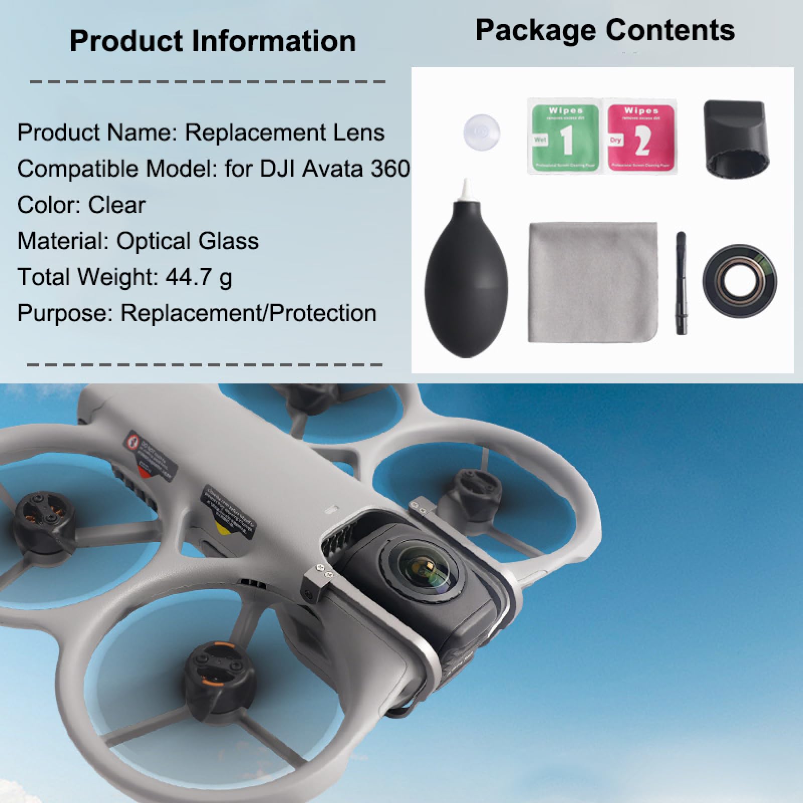 Zestaw wymiennych obiektywów do drona DJI Avata 360 - Wymienne części zamienne do obiektywów zawiera soczewki ze szkła optycznego Avata 360, pierścień ze stopu aluminium i narzędzie