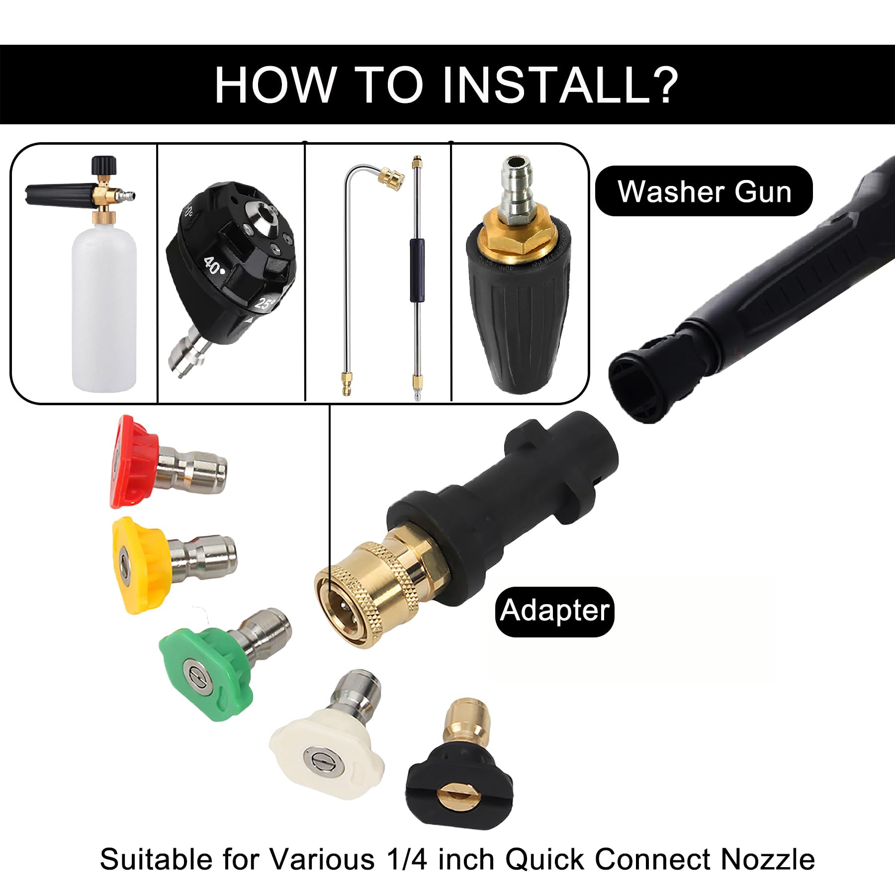 Adaptador de Pistola de Lavado Alta Presión Compatible con Karcher K2-K7 - Kit con 5 Boquillas de Ángulo, Conector Rápido 1/4" para Limpieza de Coches, Terrazas y Fachadas